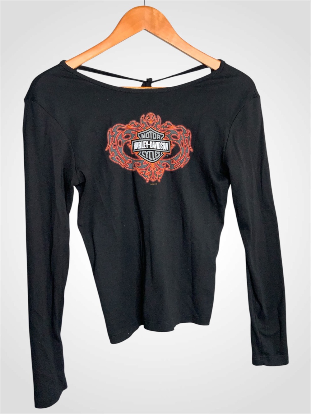 90’s Harley-Davidson Black Long-Sleeve Top with Orange Logo Small